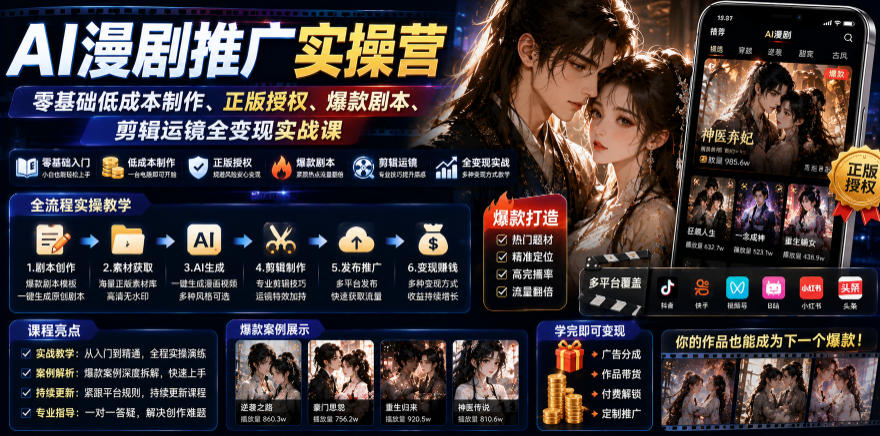 AI漫剧推广实操营｜零基础低成本制作、正版授权、爆款剧本、剪辑运镜全变现实战课-迦哆网创社