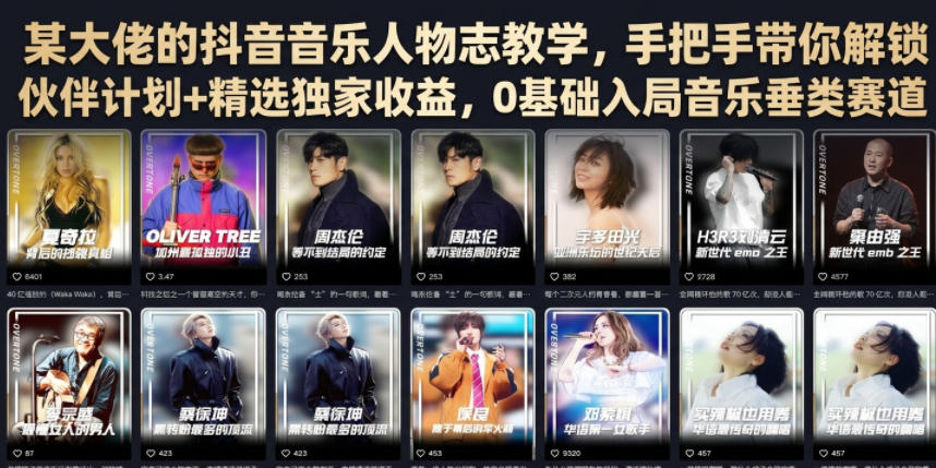 某大佬的抖音音乐人物志教学，手把手带你解锁伙伴计划+精选独家收益，0基础入局音乐垂类赛道-迦哆网创社