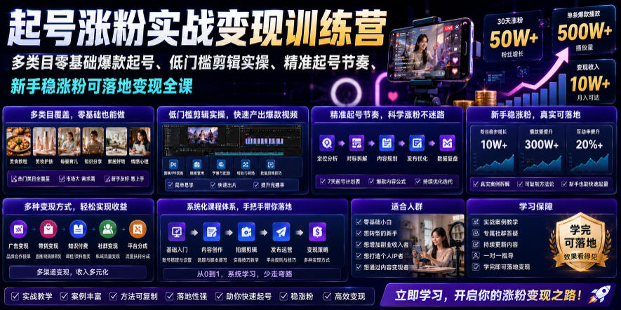苗子起号涨粉实战变现训练营，多类目零基础爆款起号、精准起号节奏、新手稳涨粉可落地变现全课-迦哆网创社