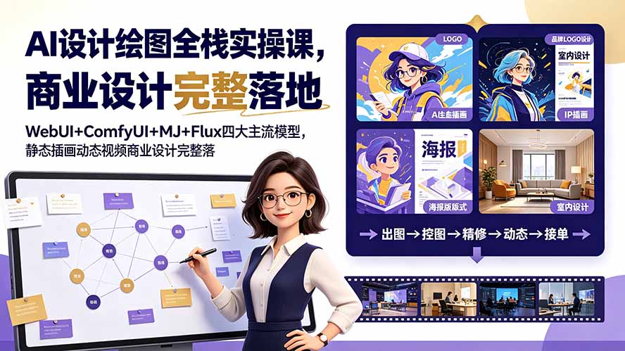 AI设计绘图全栈实操课，WebUI+ComfyUI+MJ+Flux四大主流模型，静态插画动态视频商业设计完整落地教程-迦哆网创社