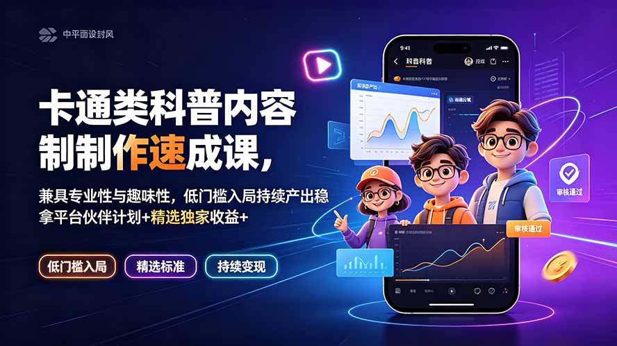 卡通类科普内容制作速成课，兼具专业性与趣味性，低门槛入局持续产出稳拿平台伙伴计划+精选独家收益-迦哆网创社