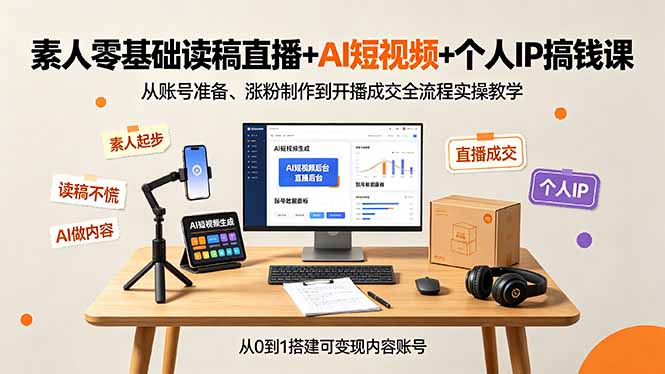 素人零基础读稿直播+AI短视频+个人IP搞钱课，从账号准备、涨粉制作到开播成交全流程实操教学-迦哆网创社