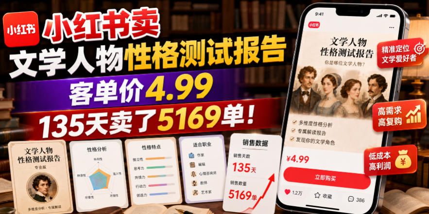 小红书卖文学人物性格测试报告，客单价4.99，135天卖了5169单！-迦哆网创社