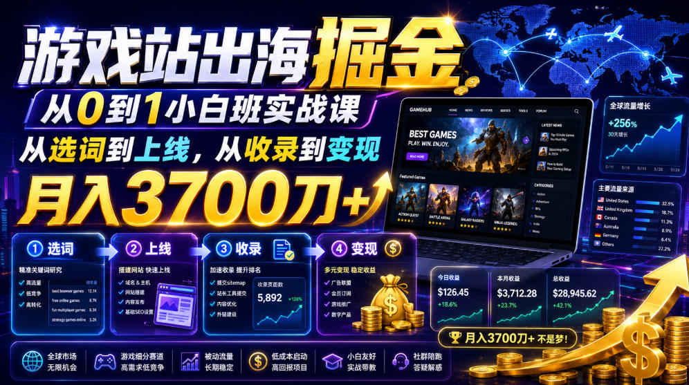 游戏站出海掘金从0到1小白实战课,从选词到上线,从收录到变现,月入3700刀+-迦哆网创社