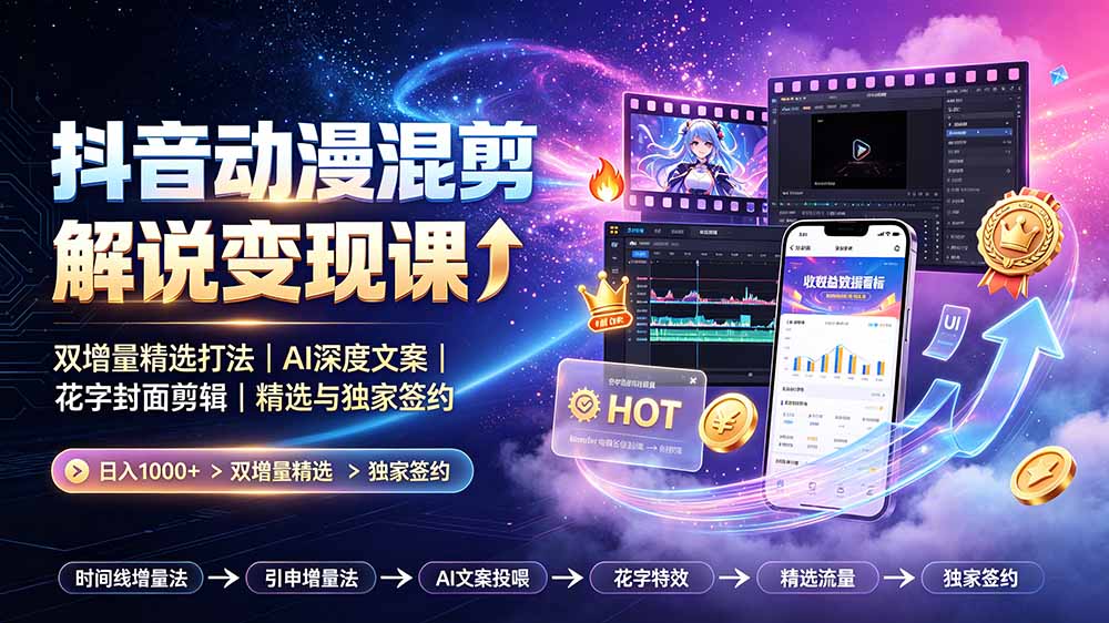 抖音动漫混剪解说变现课：双增量精选打法｜AI深度文案｜花字封面剪辑｜ 精选与独家签约日入1000+-迦哆网创社