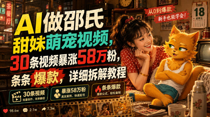 AI做邵氏甜妹萌宠视频，30条视频暴涨58万粉，条条爆款，详细拆解教程-迦哆网创社