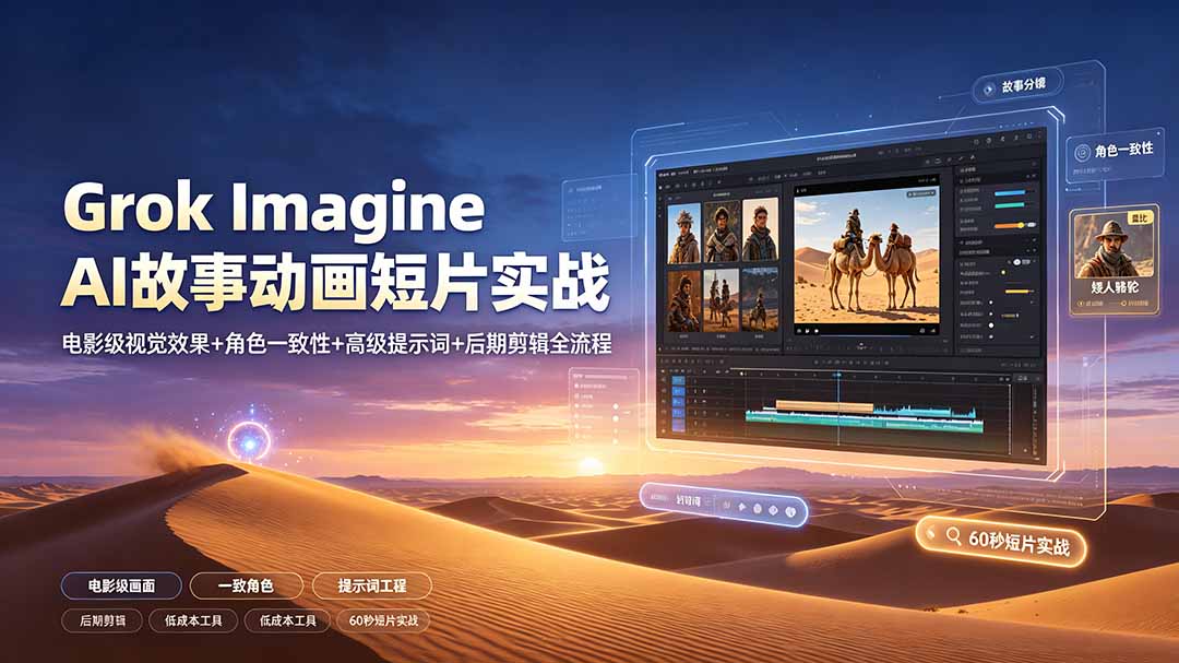 Grok Imagine AI故事动画短片实战：电影级视觉效果+角色一致性+高级提示词+后期剪辑全流程-迦哆网创社