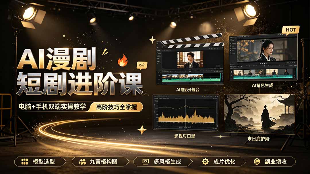 AI漫剧短剧进阶课｜电脑+手机双端实操教学｜影视剧对口型人物吃瓜×解压末日庇护所全程讲解，高阶技巧全掌握-迦哆网创社