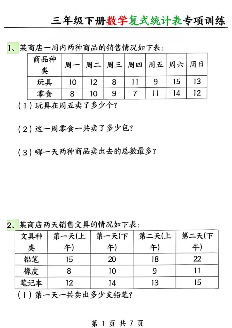 三年级下册数学复式统计表专项训练-迦哆网创社