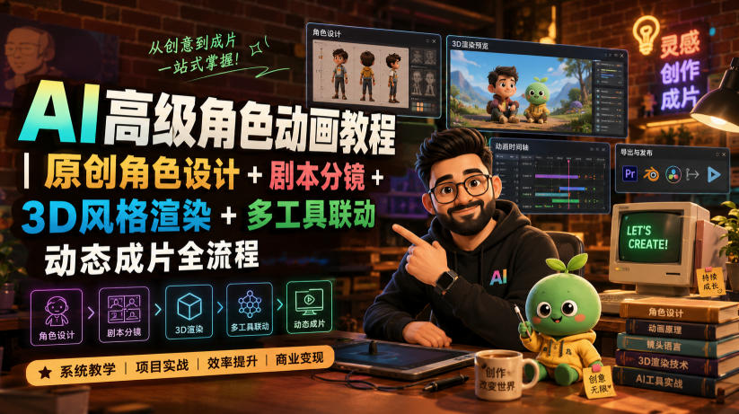 AI高级角色动画教程｜原创角色设计+剧本分镜+3D风格渲染+多工具联动动态成片全流程【中英字幕】-迦哆网创社