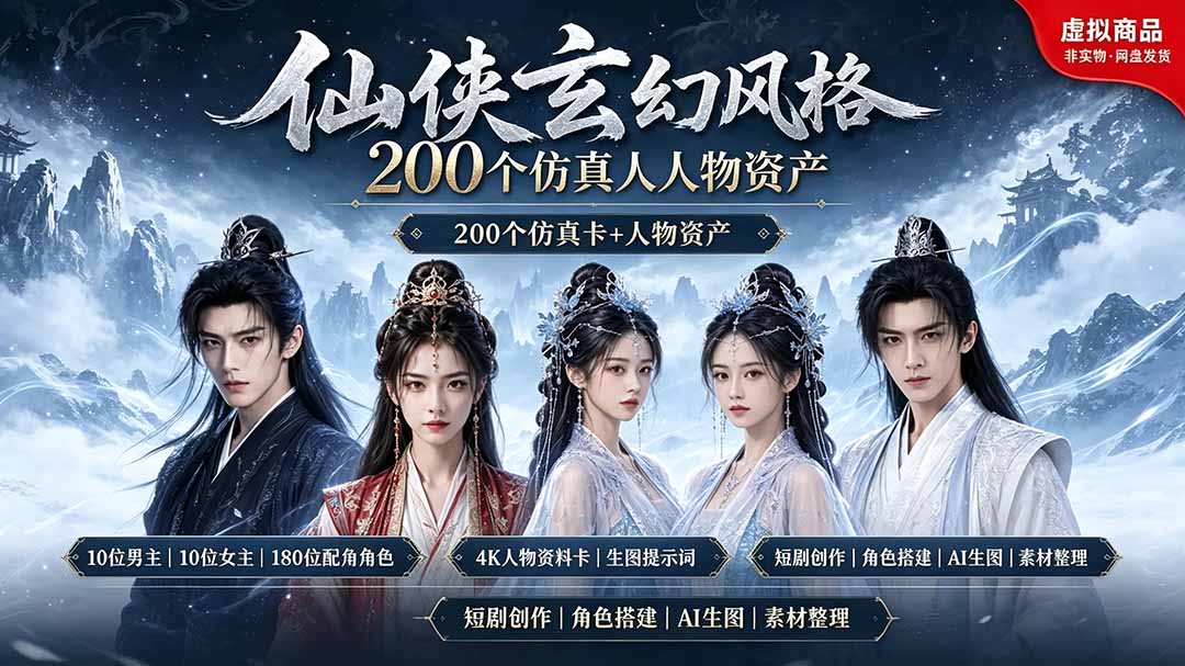200个仙侠玄幻仿真人素材◆10男主×10女主×180配角，4K资料卡+AI生图提示词，漫剧必备-迦哆网创社