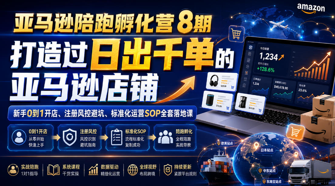 亚马逊陪跑孵化营8期，打造过日出千单的亚马逊店铺，新手0到1开店、注册风控避坑、标准化运营SOP全套落地课-迦哆网创社