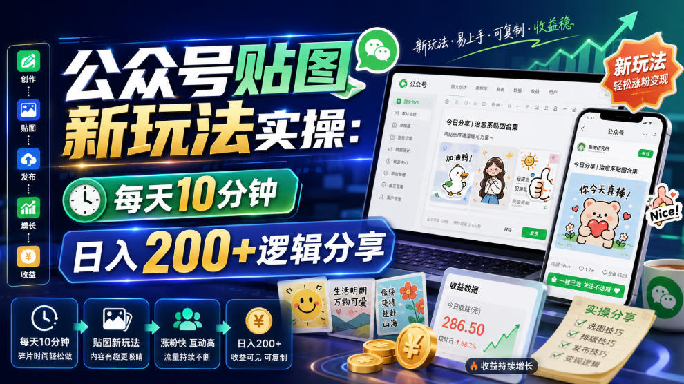 公众号贴图新玩法实操，每天10分钟，日入200+逻辑分享-迦哆网创社