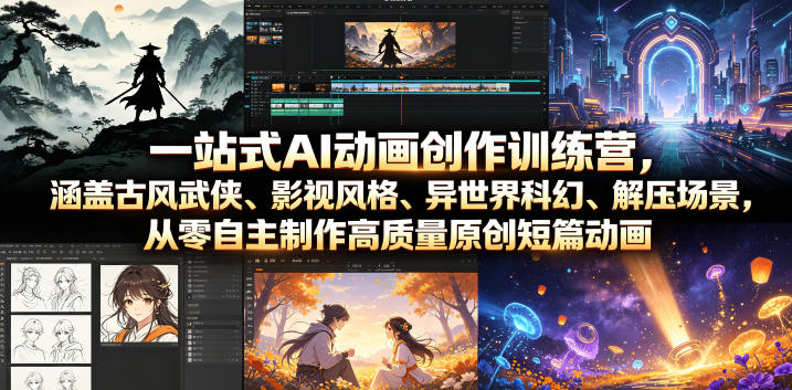 一站式AI动画创作训练营，涵盖古风武侠、影视风格、异世界科幻、解压场景，从零自主制作高质量原创短篇动画(更新)-迦哆网创社