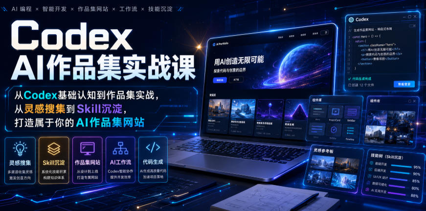 Codex AI作品集实战课，从Codex基础认知到作品集实战，从灵感搜集到Skill沉淀，打造属于你的AI作品集网站-迦哆网创社
