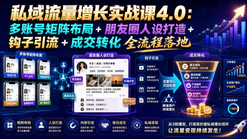 私域流量增长实战课4.0：多账号矩阵布局+朋友圈人设打造+钩子引流+成交转化全流程落地-迦哆网创社