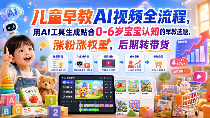 儿童早教AI视频全流程，用AI工具生成贴合0-6岁宝宝认知的早教选题，涨粉涨权重，后期转带货-迦哆网创社