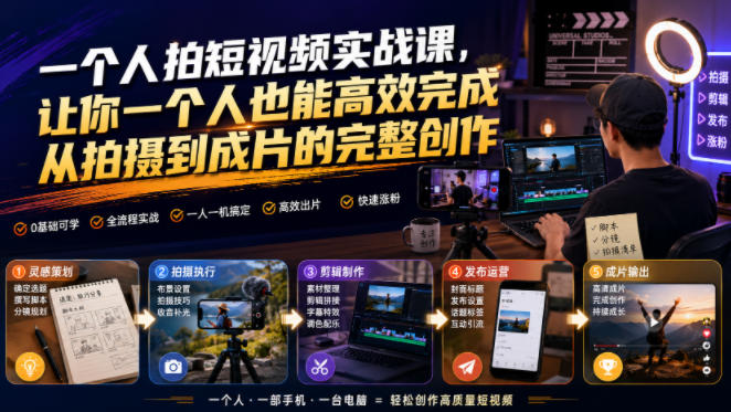 一个人拍短视频实战课，让你一个人也能高效完成从拍摄到成片的完整创作-迦哆网创社