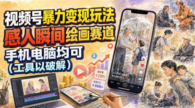 视频号暴力变现玩法，感人瞬间绘画赛道，手机电脑均可-迦哆网创社