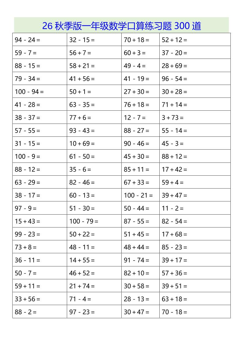 26秋季版一年级上数学口算练习题300道-迦哆网创社