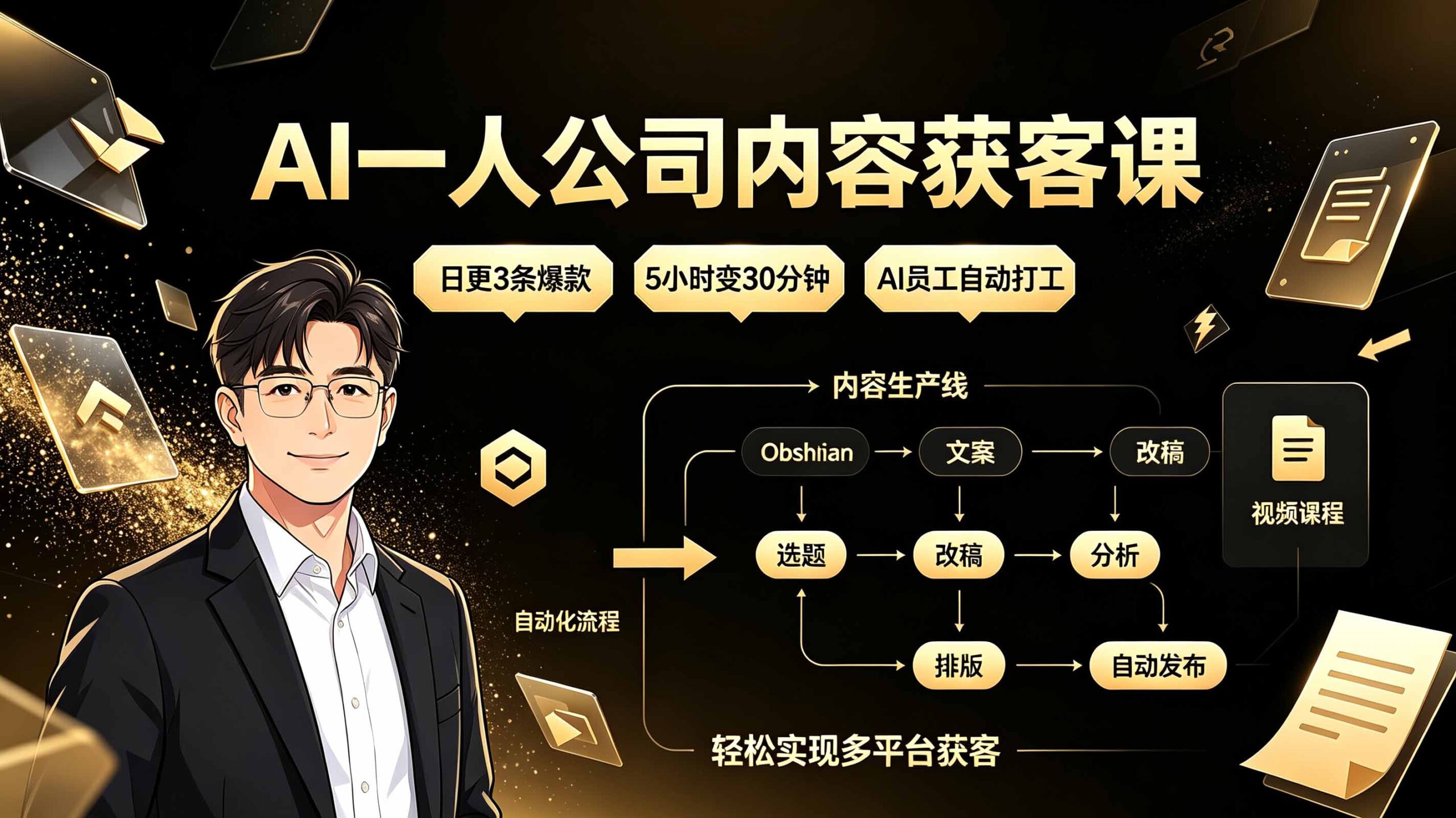 AI一人公司内容获客课：日更3条爆款×5小时变30分钟×AI员工自动打工，轻松实现多平台获客-迦哆网创社