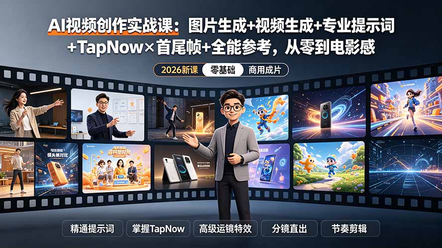 AI视频创作实战课：图片生成+视频生成+专业提示词+TapNow×首尾帧+全能参考，从零到电影感成片-迦哆网创社