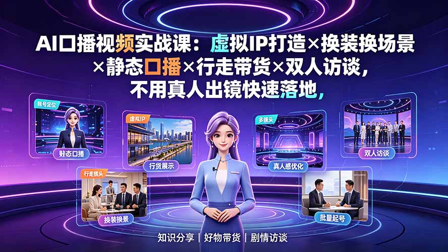 AI口播视频实战课：虚拟IP打造×换装换场景×静态口播×行走带货×双人访谈，不用真人出镜快速落地-迦哆网创社