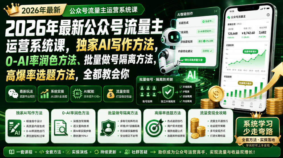 2026年最新公众号流量主运营系统课，独家AI写作方法，0-AI率润色方法、批量做号隔离方法、高爆率选题方法，全都教会你-迦哆网创社