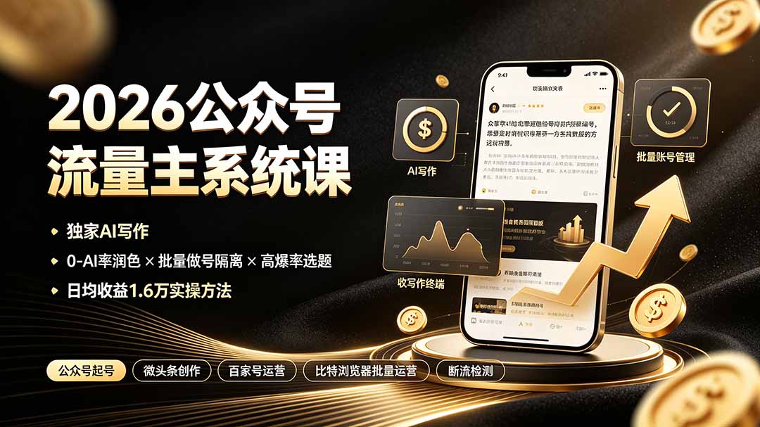 2026公众号流量主系统课：独家AI写作×0-AI率润色×批量做号隔离×高爆率选题，日均收益1.6万实操方法-迦哆网创社