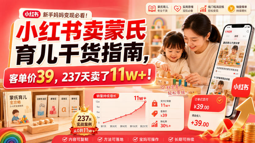 小红书卖蒙氏育儿干货指南，客单价39，237天卖了11w+！-迦哆网创社