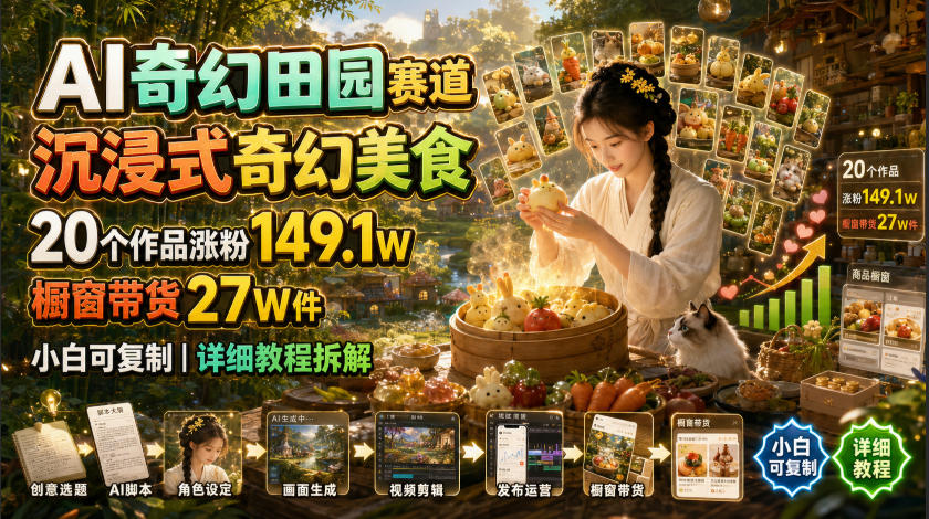AI奇幻田园赛道，沉浸式奇幻美食，20个作品涨粉149.1W，橱窗带货27W件，小白可复制，详细教程拆解-迦哆网创社