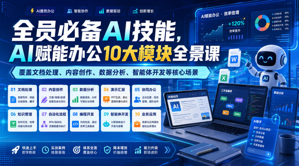 全员必备AI技能，AI赋能办公10大模块全景课，覆盖文档处理、内容创作、数据分析、智能体开发等核心场景-迦哆网创社