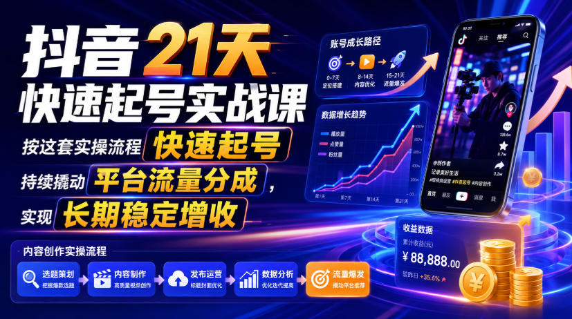 抖音21天快速起号实战课，按这套实操流程快速起号，持续撬动平台流量分成，实现长期稳定增收-迦哆网创社