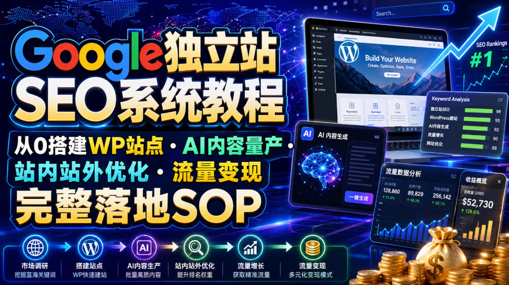 Google独立站SEO系统教程，从0搭建WP站点・AI内容量产・站内站外优化・流量变现完整落地SOP(2026年7月)-迦哆网创社