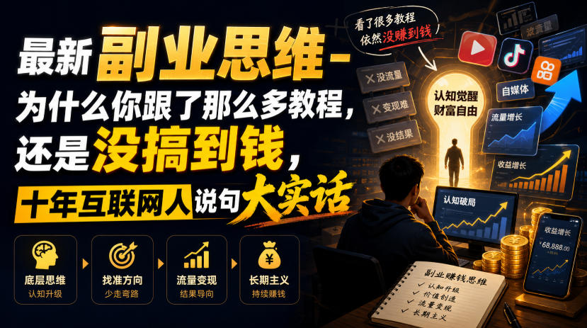 最新副业思维-为什么你跟了那么多教程，还是没搞到钱，十年互联网人说句大实话【揭秘】-迦哆网创社