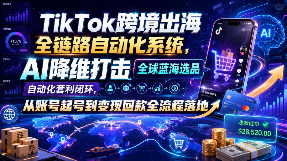 TikTok跨境出海全链路自动化系统，AI降维打击全球蓝海选品自动化套利闭环，从账号起号到变现回款全流程落地(2026年7月)-迦哆网创社