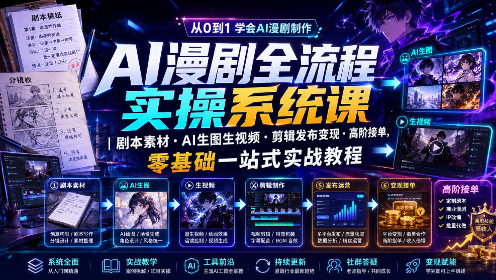 AI漫剧全流程实操系统课｜剧本素材・AI生图生视频・剪辑发布变现・高阶接单，零基础一站式实战教程-迦哆网创社