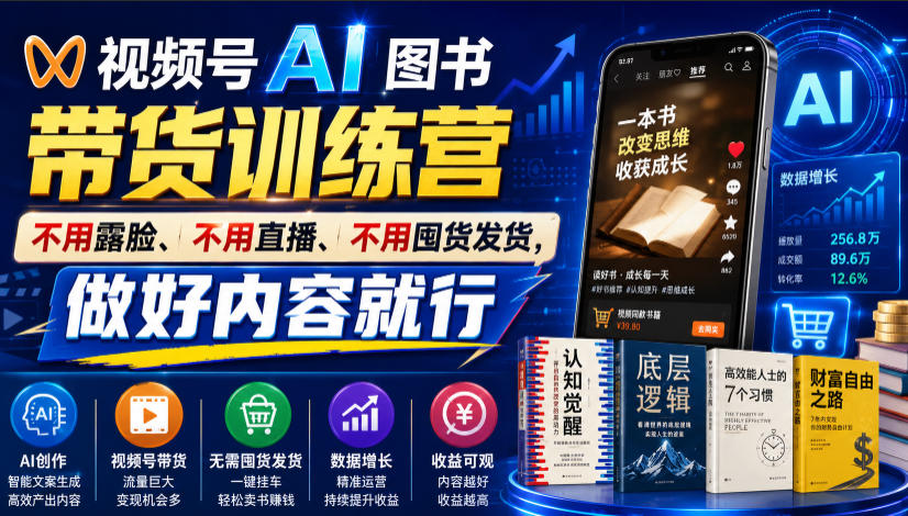 视频号AI图书带货训练营，不用露脸、不用直播、不用囤货发货，做好内容就行，一条爆款视频佣金8942-迦哆网创社