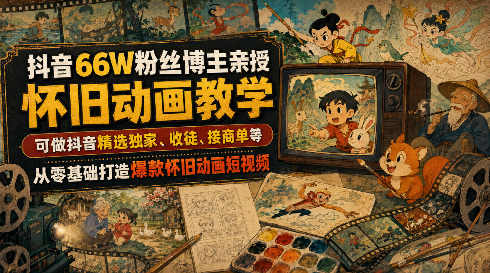 抖音66W粉丝博主亲授怀旧动画教学，可做抖音精选独家、收徒、接商单等，从零基础打造爆款怀旧动画短视频-迦哆网创社