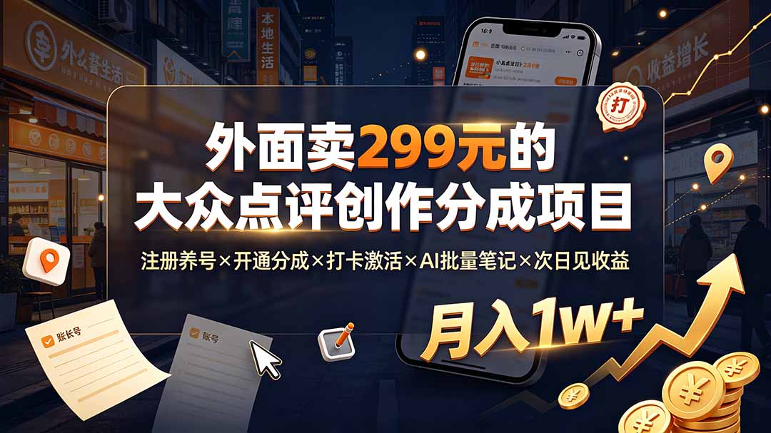 外面卖299元的大众点评创作分成项目：注册养号×开通分成×打卡激活×AI批量笔记×次日见收益，月入1w+-迦哆网创社