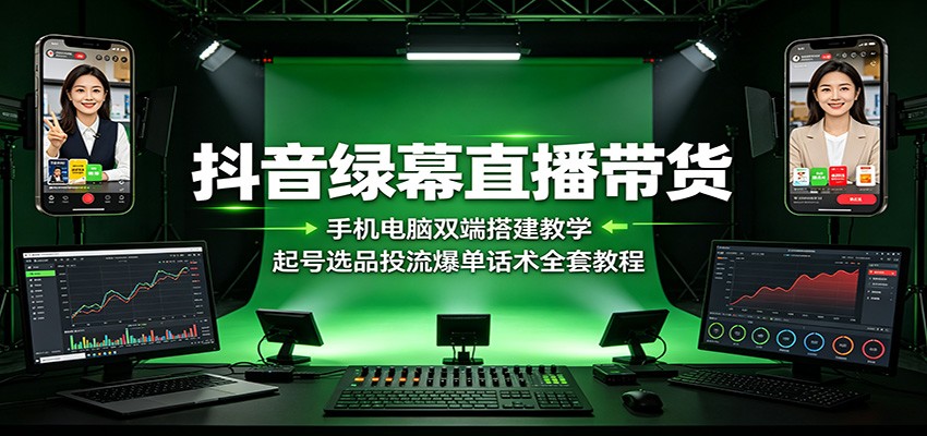 抖音绿幕直播带货：手机电脑双端搭建教学，起号选品投流爆单话术全套教程-迦哆网创社