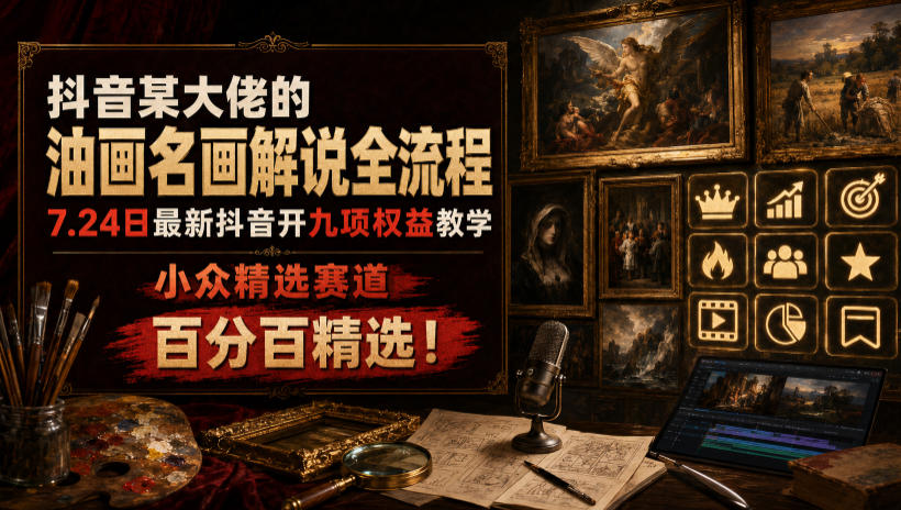 抖音某大佬的油画名画解说全流程，7.24日最新抖音开九项权益教学，小众精选赛道，百分百精选！-迦哆网创社
