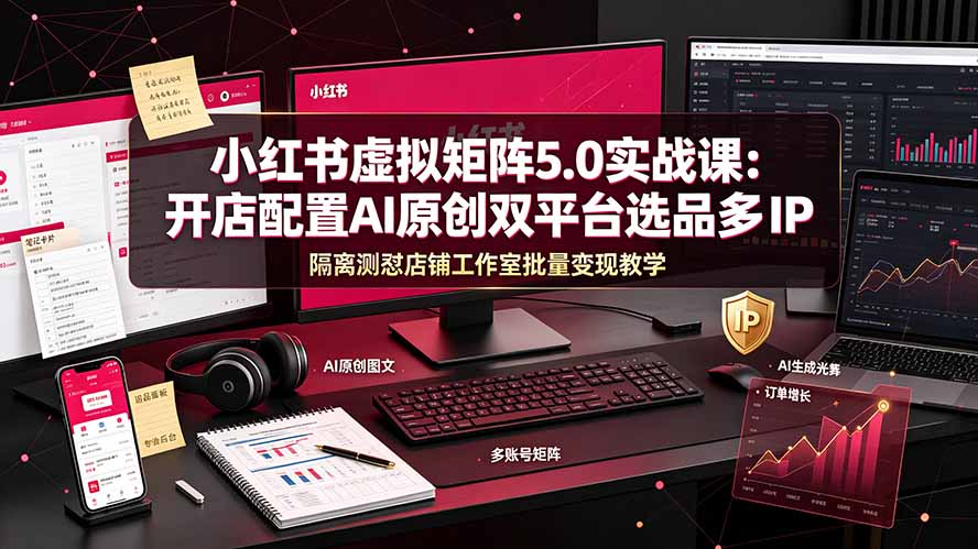 小红书虚拟矩阵5.0实战课：开店配置｜AI原创｜双平台选品｜多IP隔离｜测怼店铺工作室批量变现实操教学-迦哆网创社