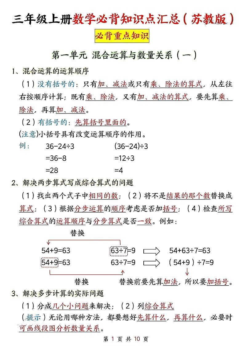 新三上苏教版数学必背重点知识-迦哆网创社