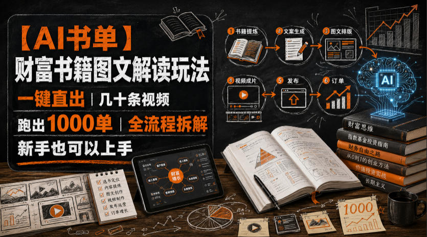 【AI书单】财富书籍图文解读玩法，一键直出，几十条视频，跑出1000单，全流程拆解，新手也可以上手-迦哆网创社