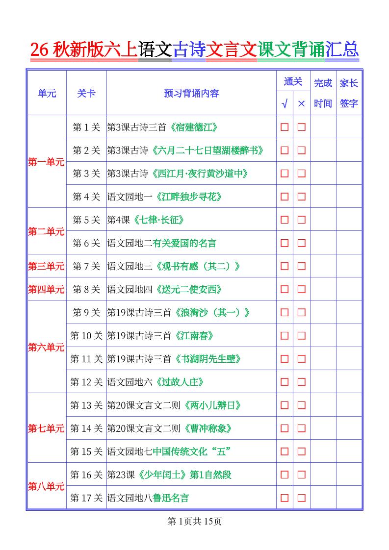 26秋新六上语文古文文言文课文背诵内容汇总-背诵版-迦哆网创社