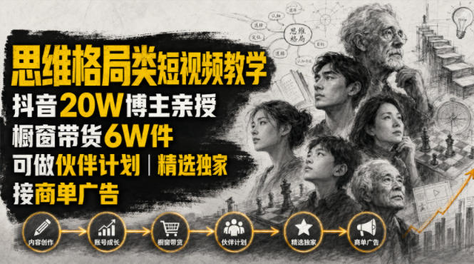 人性思维格局类短视频教学，抖音20W博主亲授，橱窗带货6W件，可做伙伴计划、精选独家、接商单广告-迦哆网创社