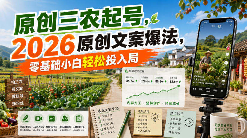 原创三农起号，2026原创文案爆法，零基础小白轻松投入局-迦哆网创社