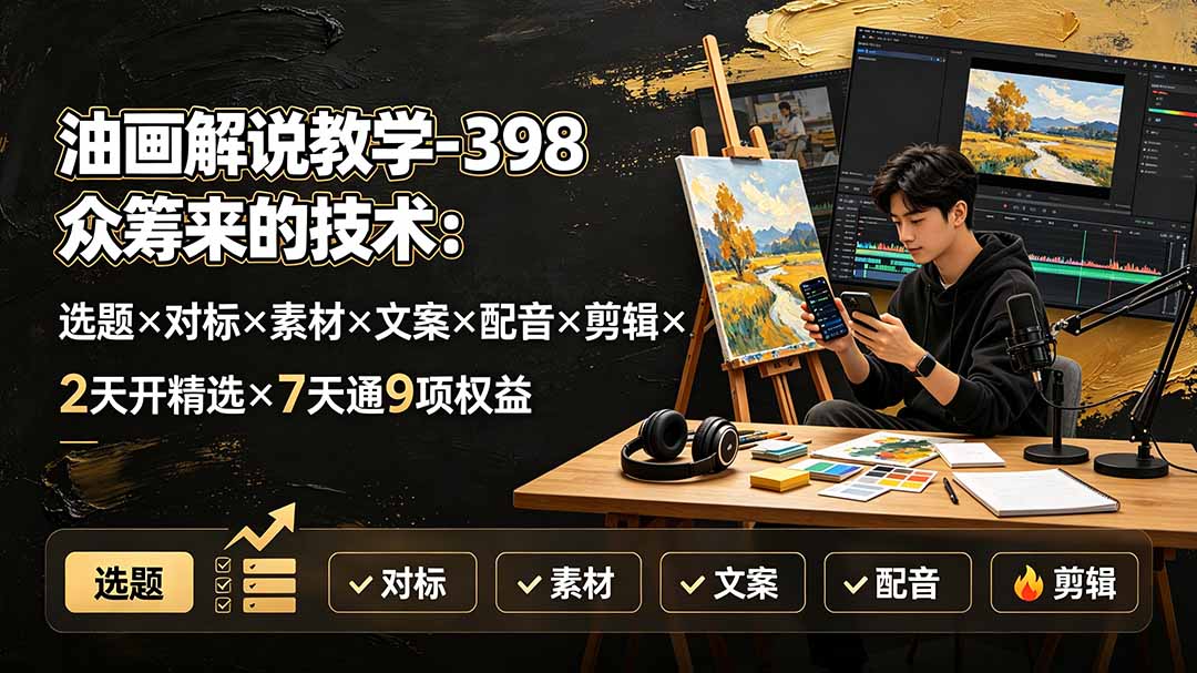 油画解说教学-398众筹来的技术：选题×对标×素材×文案×配音×剪辑×2天开精选×7天通9项权益-迦哆网创社