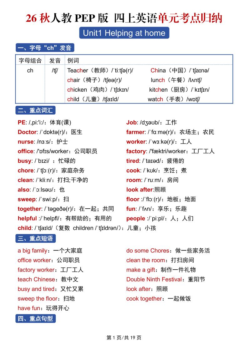 26秋人教PEP版四上英语单元考点归纳19页-迦哆网创社